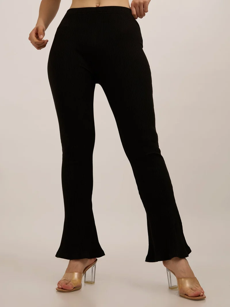 Outzidr black Black Ribbed Basic Flared Leggings for Women | Best Price UAE